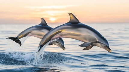 Obraz premium A Pod of Dolphins Jumping Out of the Ocean at Sunset with Golden Light Reflecting on the Waves