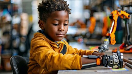 A boy focused on a task using a robotic arm in a well-lit workshop. Surrounded by tools and technology, he displays curiosity and skill while learning about robotics.
