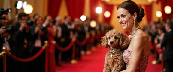 Glamorous woman poses with poodle on red carpet, pet resemblance
