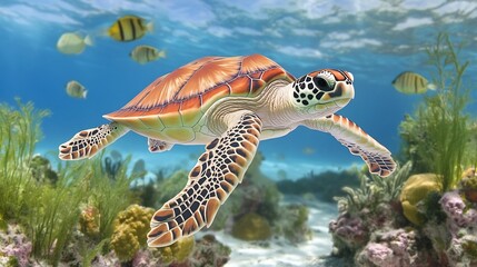 Obraz premium Majestic Sea Turtle Gliding Through Tranquil Underwater Seascape