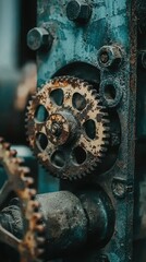 Detailed Close-Up of Rusty Mechanical Gear, Displaying Intricate Teeth and Textures in Industrial Machinery Setting with Weathered Patina and Gritty Aesthetic