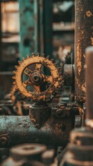 Detailed Close-Up of an Industrial Gear in a Vintage Mechanical Setting with Rust and Wear, Showcasing the Beauty of Machinery and Aging Components