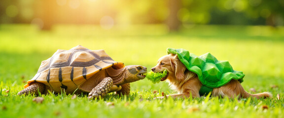 Tortoise and dog in costume share lettuce in sunny garden, friendship