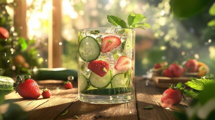 A Glass of Water Infused with Fresh Cucumber, Strawberries, and Mint, Served Over Ice in a Clear Glass, Placed on a Wooden Table with Soft Sunlight from the Side, Surrounded by Greenery and Fruits