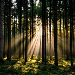 Fototapeta premium A forest at golden hour with intense sunlight streaming through tall trees, creating vibrant highlights, forest scene, tranquility in nature