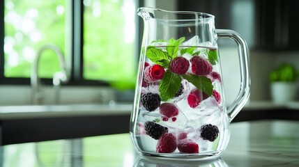 A glass pitcher filled with infused water featuring raspberries, blackberries, and mint leaves. The pitcher is placed on a sleek kitchen counter with soft natural light.