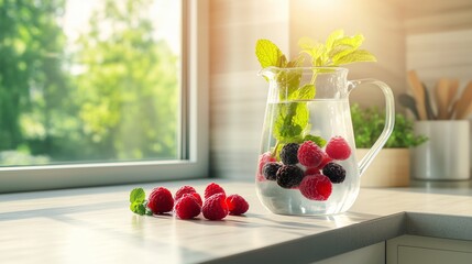 A glass pitcher filled with infused water featuring raspberries, blackberries, and mint leaves. The pitcher is placed on a sleek kitchen counter with berries scattered and soft natural light