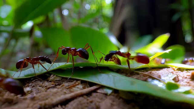 Macro Photography of Leafcutter Ants Collaboratively Carrying a Leaf Fragment in a Lush Green Forest Environment
