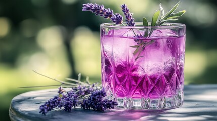 A glass of lavender-infused sparkling lemonade, garnished with sprigs of fresh lavender. The drink is set on an elegant table outdoors, with sunlight casting soft purple hues on the scene