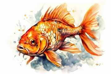 Fototapeta premium goldfish in Russian style with a very long tail on a light background., watercolor style, 