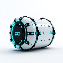 A futuristic, cylindrical container with a sleek white exterior and glowing blue accents, designed with advanced technology aesthetics.