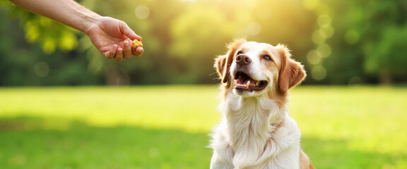 Person training attentive dog in sunny park, obedience lesson