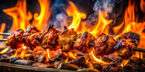 Close-Up Night Photography of Chicken Tikka Roasting on Open Hearth with Glowing Coals and Smoke, Capturing the Essence of Grilled Kabab in a Studio Setting