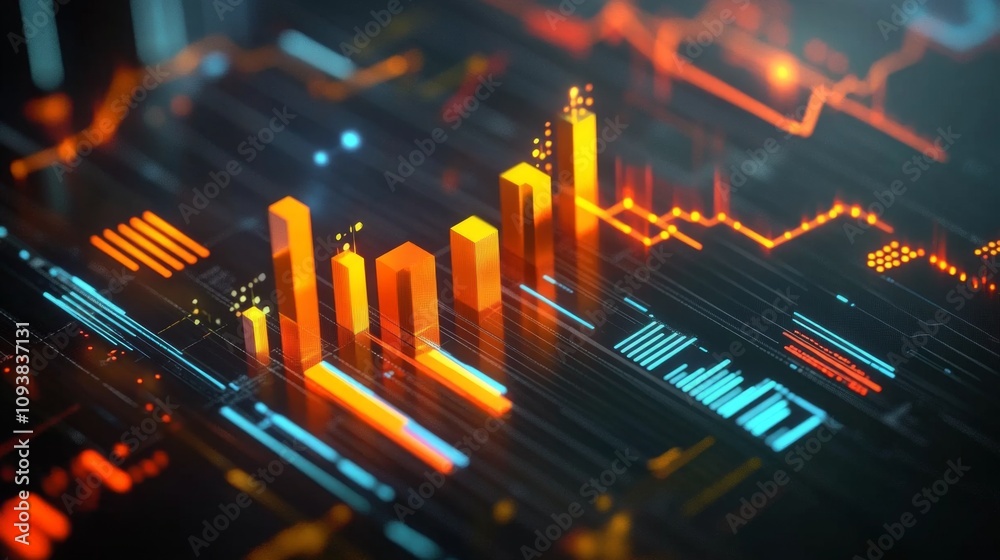 Leinwandbilder Abstract Data Visualization with Futuristic Bar Graphs and Line Charts in Bright Orange and Blue Colors on a Digital Background
