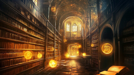 Fototapeta premium Ancient Library with Glowing Books