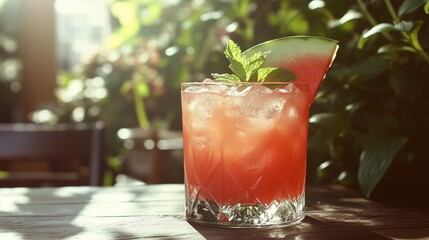 A refreshing glass of watermelon juice served over ice, garnished with a few fresh mint leaves and a slice of watermelon on the rim. The drink sits on a wooden table with soft sunlight
