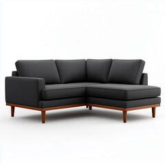 Fototapeta premium Scandinavian corner sofa sectional design dark grey upholstery wooden base isolated on white background