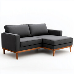 Obraz premium Scandinavian corner sofa sectional design dark grey upholstery wooden base isolated on white background
