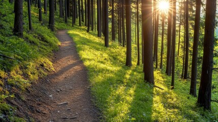 Fototapeta premium A scenic hiking trail softly illuminated by sunlight filtering through trees, trail sunlight, inviting adventure