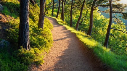 Obraz premium A scenic hiking trail softly illuminated by sunlight filtering through trees, trail sunlight, inviting adventure