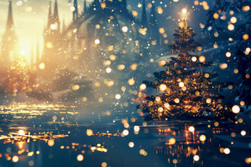 Obraz premium A classic Christmas card with a glowing tree in a snowy twilight scene
