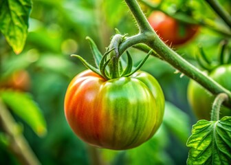 Close-up of a Fresh Unripe Tomato on a Branch Surrounded by Lush Green Leaves in a Garden Setting, Capturing Nature's Beauty and Growth Process in Candid Photography