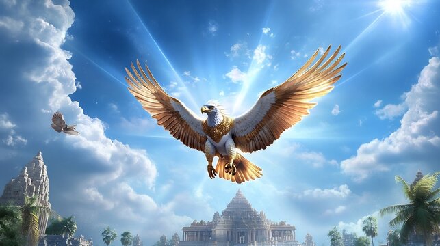 Triumphant Garuda Soaring Over Heavenly Temple Under Glowing Sunlight