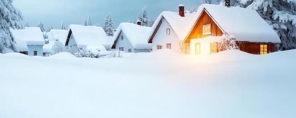A snowy village softly illuminated by sunlight, adding warmth to the cold atmosphere, village sunlight, cozy winter