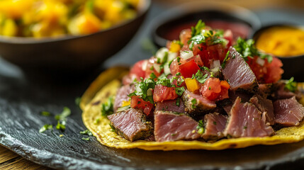 tuna tostadas served in a cozy, blurred setting, evoking warmth, freshness, and a welcoming dining atmosphere, perfect for casual yet elegant gatherings