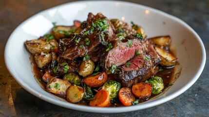 A Hearty Roast Beef Stir-Fried Dinner Mixed with Golden-Brown Crispy Roasted Potatoes and Vibrant Seasonal Vegetables