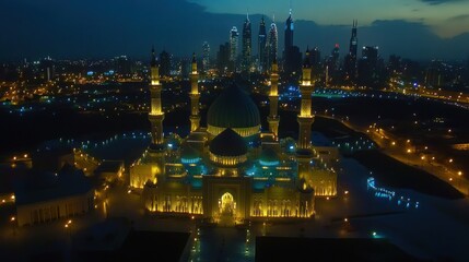 Fototapeta premium Drone shot of grand mosque, illuminated minarets and domes, city skyline in background, night sky 