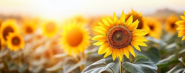 Fototapeta premium A vast field of sunflowers under the brightest sunlight, every petal radiating vivid yellow tones, sunflower sunlight, vibrant nature
