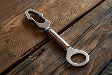 Metal multi tool key resting on wooden planks, showcasing its unique design and functionality