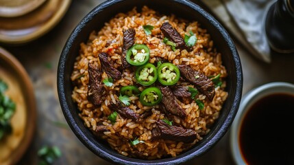 Savory Spicy Beef Stir-Fry with Fragrant Rice, Fresh Herbs, and Green Sliced Peppers Served in a Rustic Bowl for a Wholesome Meal Experience