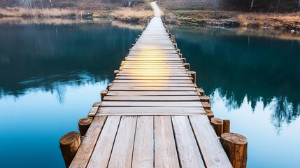 Obraz premium A wooden bridge over a calm river, softly lit by sunlight, reflecting faint highlights on the water, bridge sunlight, tranquil path