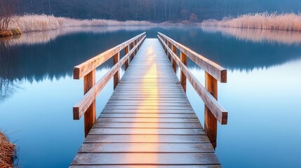 Naklejka premium A wooden bridge over a calm river, softly lit by sunlight, reflecting faint highlights on the water, bridge sunlight, tranquil path