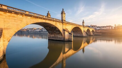 An ancient bridge over a softly sunlit river, reflections creating a painterly effect, bridge sunlight, historic serenity
