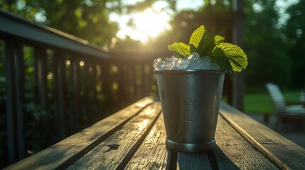 A refreshing mint julep served in a frosty silver cup with crushed ice and fresh mint. The drink is placed on a weathered bench with sun-drenched greenery in the background