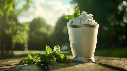 Milk Mints Ice Sorbet in a Tumbler with Mint Leaves Beside