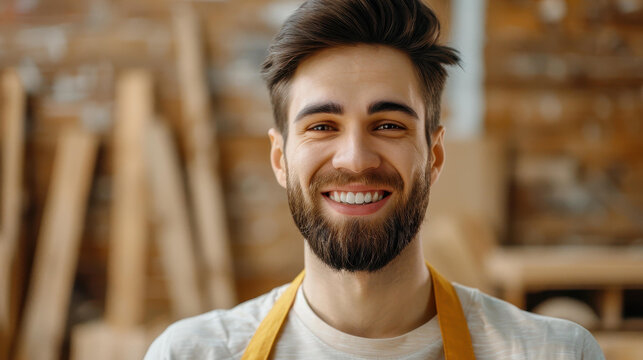 A cheerful craftsman in an apron blends skill and passion amidst a busy workshop, showcasing his expert craftsmanship.