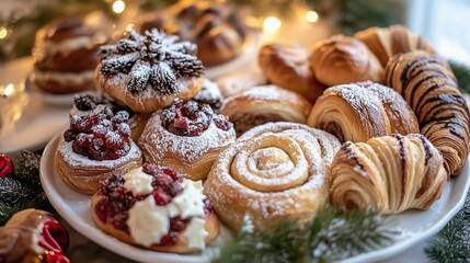 A Selection of Sweet Holiday Pastries Croissants with Dusted Powdered Sugar on a Plate with Cranberry Sauce and Christmas Ornaments Laying Around