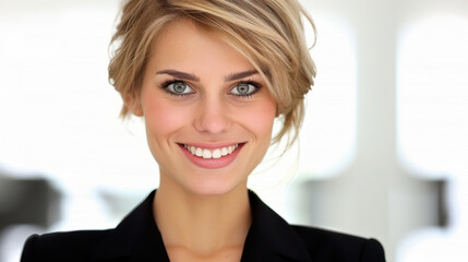 Fototapeta premium A cheerful woman in black holds a tablet, showcasing a contemporary professional vibe against a clean white backdrop.