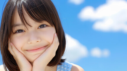 A joyful young woman smiles brightly, her hand resting on her cheek, with a beautiful sky filled with clouds behind her.