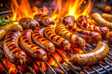 Closeup of a sizzling barbecue grill filled with an assortment of juicy sausages, showcasing the rich colors and textures in a captivating low light setting that enhances the culinary appeal.