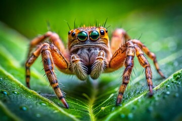 Closeup of a Small Spider on a Leaf with Detailed Webbing, Capturing Intricate Features and Natural Habitat, Perfect for Nature Lovers and Insect Enthusiasts in Stunning Portrait Photography