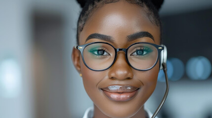 Friendly support agent assists customers with queries while managing calls in a bustling call center environment.