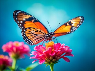 Fototapeta premium Close-Up of a Stunning Orange and Black Butterfly Resting on a Vibrant Pink Flower Against a Soft Blue Background Captured Through Drone Photography for Nature Lovers
