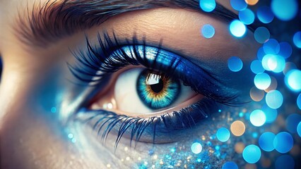 Close-Up of a Striking Blue Eye with Lush Lashes Surrounded by a Beautiful Bokeh Effect, Emphasizing Color and Detail for Stunning Visual Appeal