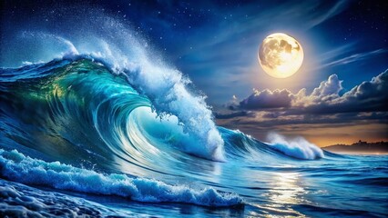 Fototapeta premium Close-Up of a Stunning Night Photography Ocean Wave Capturing the Magic of Moonlit Reflections and Serene Waters, Perfect for Nature and Coastal Enthusiasts