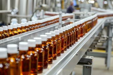 Obraz premium Amber plastic bottles containing medicine are moving on a production line conveyor belt inside a pharmaceutical factory